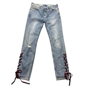 Pilcro Slim Straight Jeans Womens 25‎ Blue Distressed Denim Lace Up Velvet Trim